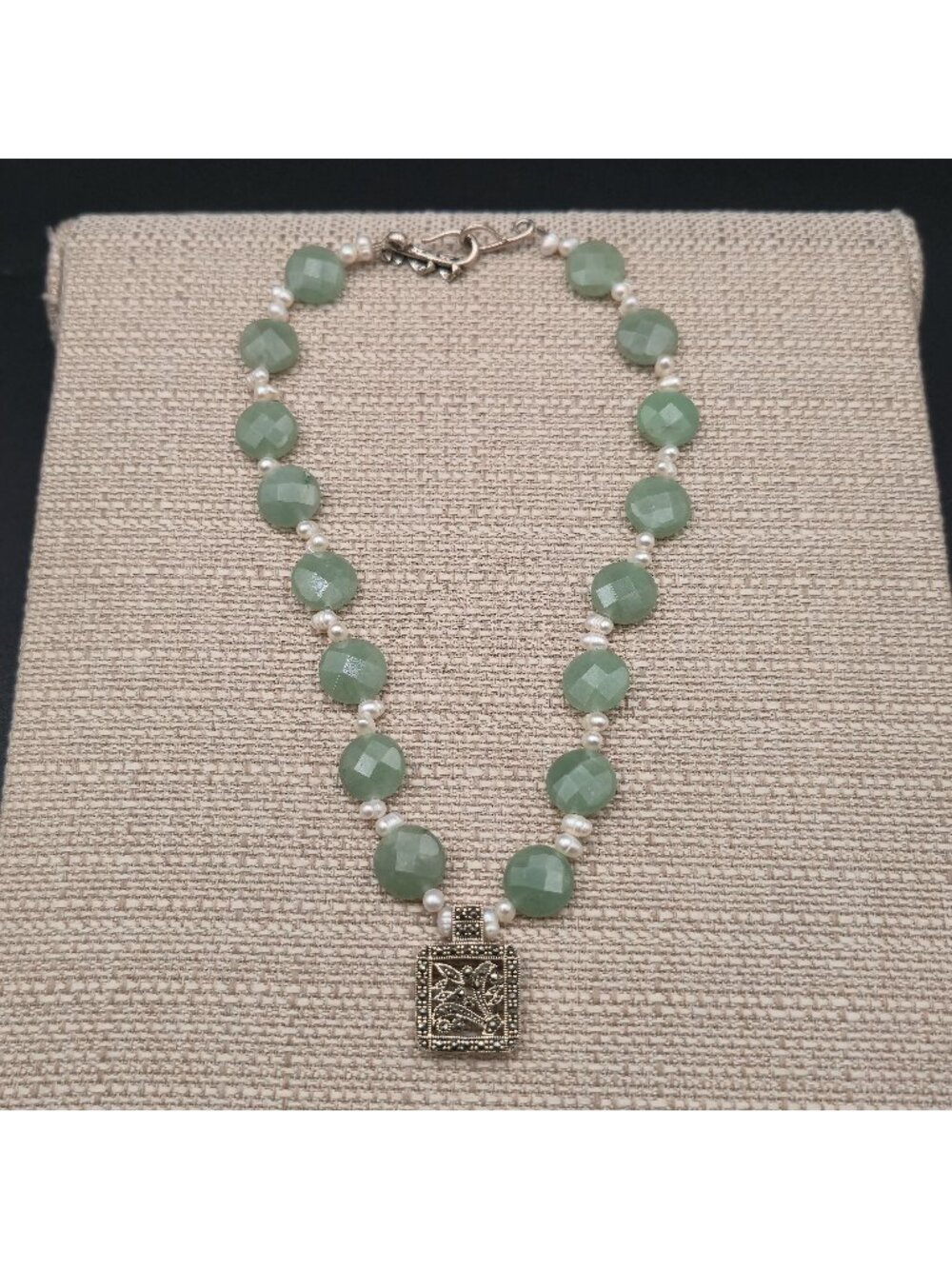 16 Inch Sterling Aventurine Faceted Coin Bead Necklace With Pearl Spacers B1344